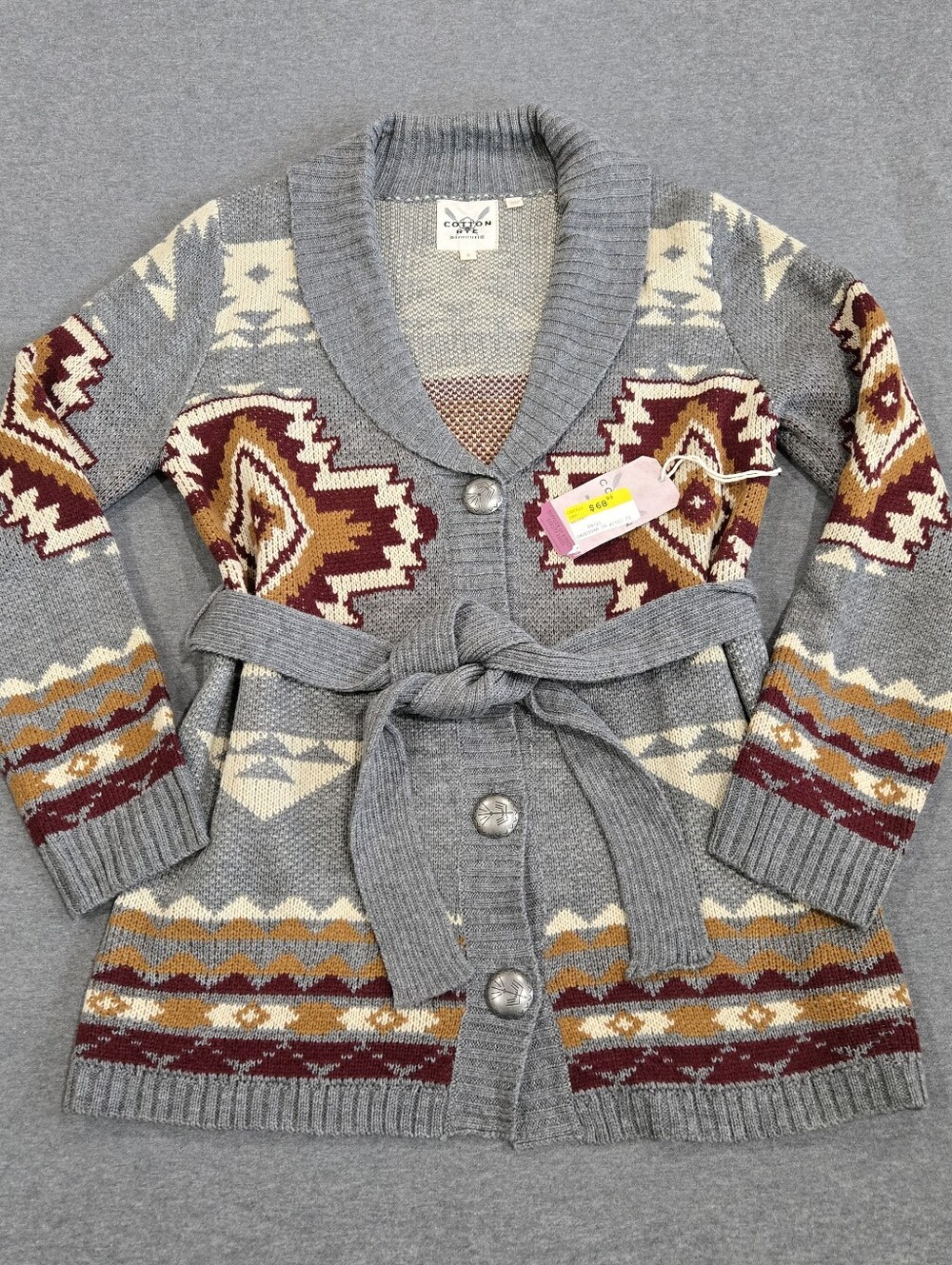 NWT Cotton & Rye Outfitter Cardigan Sweater Womens S Gray Aztec Belted Southwest